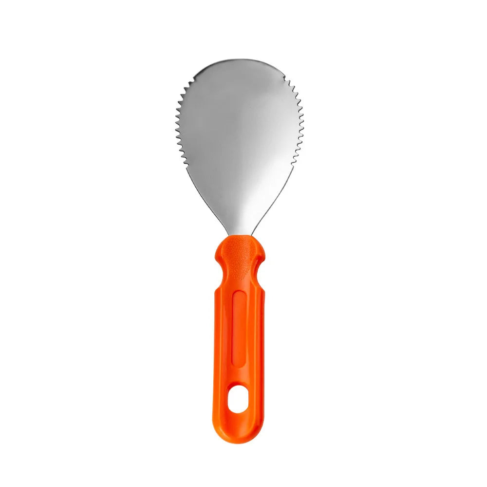 Metal kitchen spatula with an orange plastic handle. The spatula has a teardrop-shaped blade with serrated edges, designed for cutting and serving food.