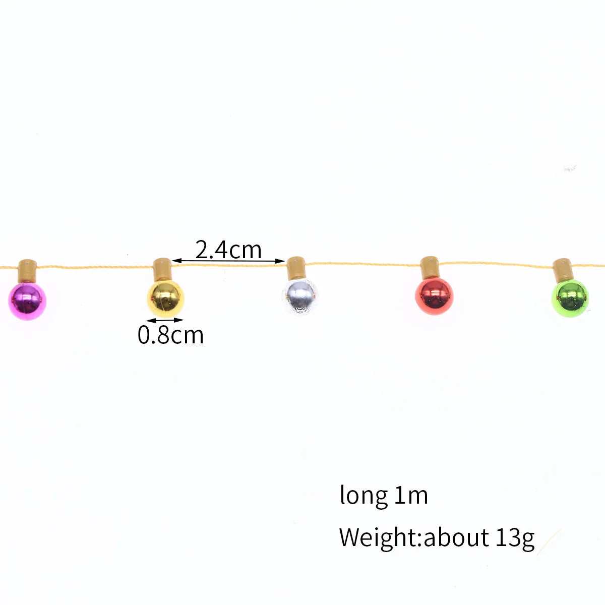Colorful round beads on a 1-meter string, spaced 2.4cm apart. Bead diameter is 0.8cm. Bead colors are purple, gold, silver, red, and green. Total weight is about 13g.