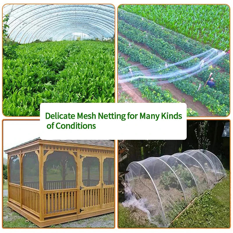 Collage showing mesh netting used in various scenarios: greenhouse plants, row crops, a wooden gazebo, and a garden tunnel, illustrating versatility in conditions.