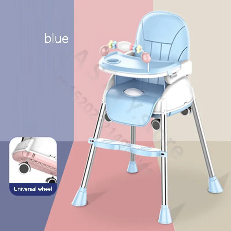 Blue high chair with a removable tray and colorful toys. Features metal legs with blue feet, universal wheels, and adjustable footrest.