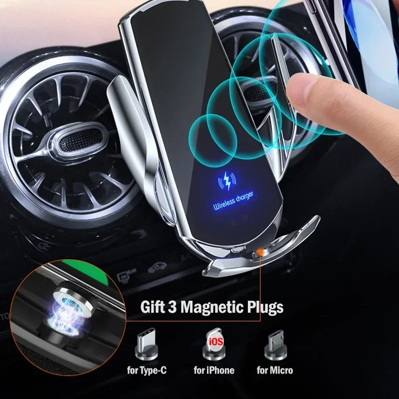 Car air vent wireless charger with a sleek black design, displaying a glowing blue charging icon. Includes three magnetic plugs for Type-C, iPhone, and Micro connections.