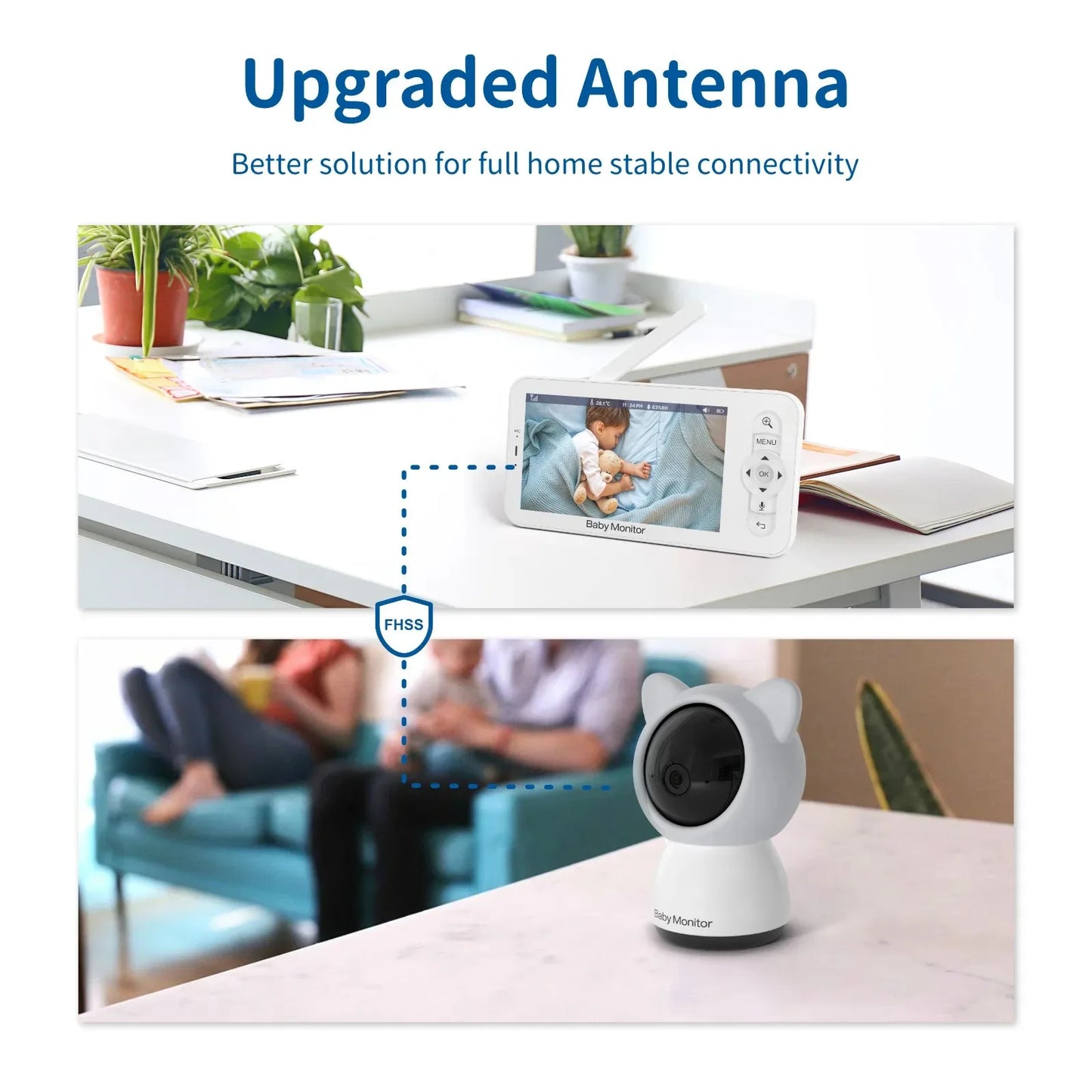 Baby monitor setup showing a camera with an upgraded antenna for stable connectivity. The screen displays a sleeping baby, emphasizing FHSS technology for secure communication.