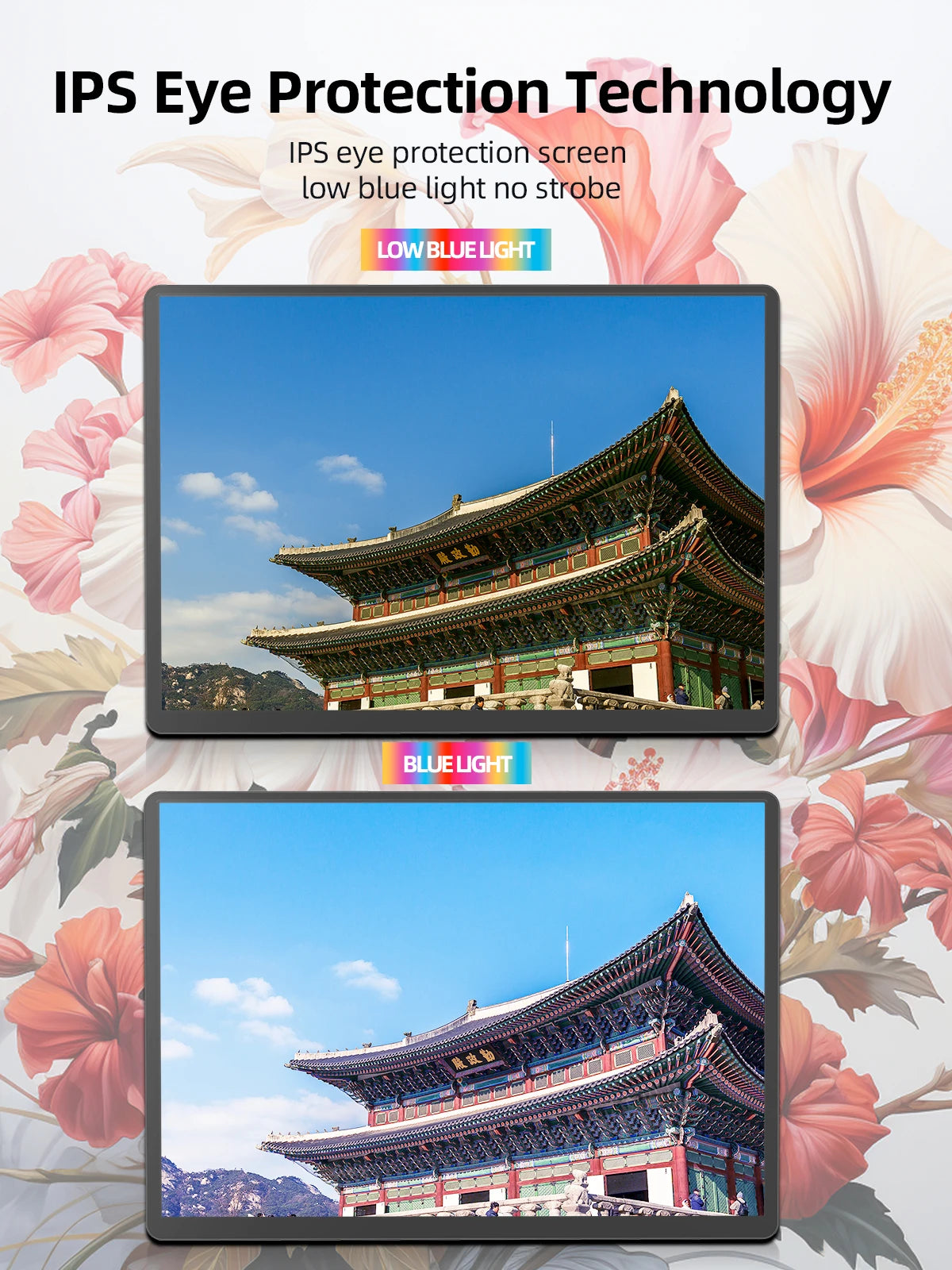 Two displays showcase a traditional building under different modes: low blue light emphasizing eye protection, and regular blue light. Floral background and text highlighting IPS technology.