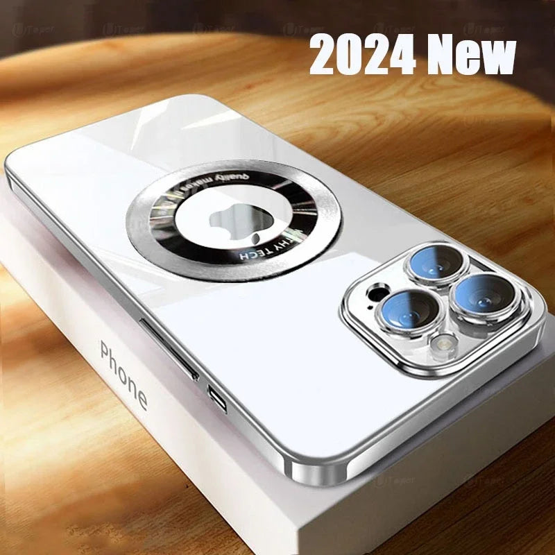 Futuristic smartphone with a large rear camera module, metallic ring design, and reflective finish, labeled "2024 New." Positioned on a white box on a wooden surface.
