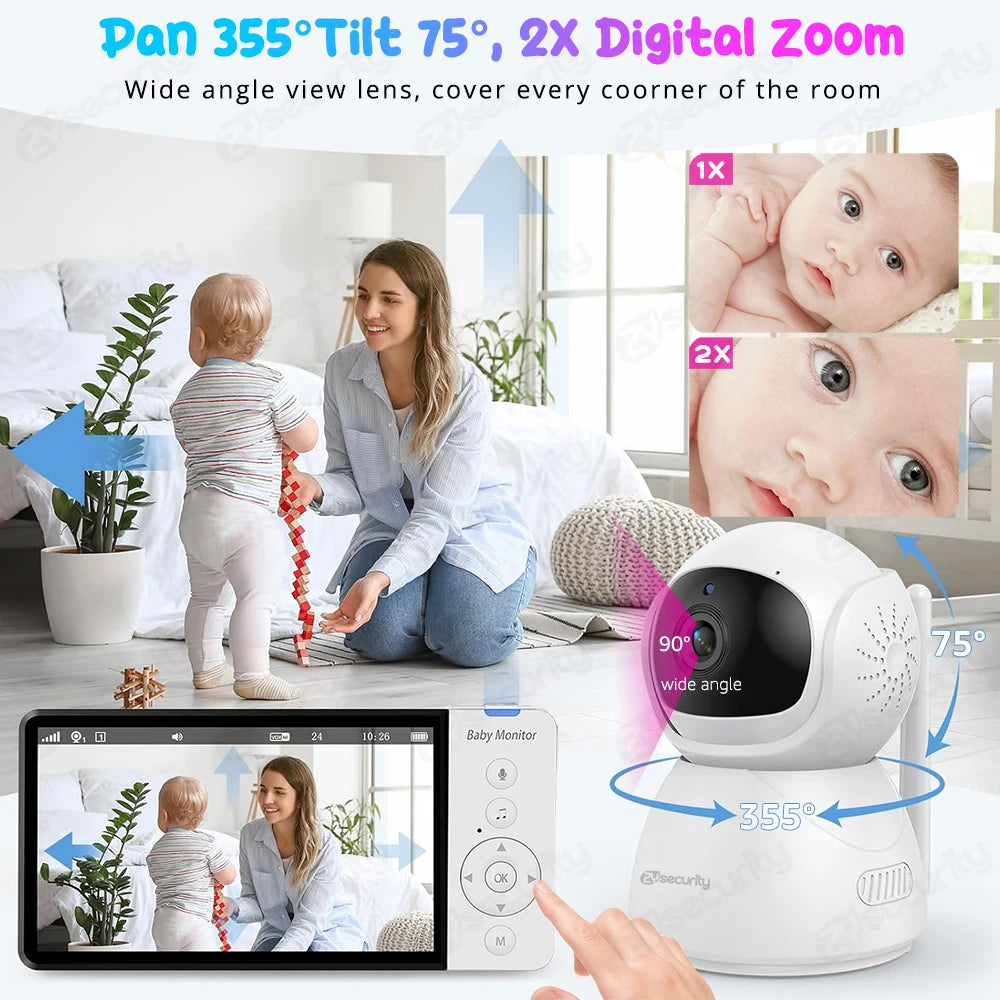 A woman sits on the floor with a baby. A baby monitor displays them, emphasizing its 355° pan, 75° tilt, and 2X zoom capabilities. Text highlights wide-angle coverage.