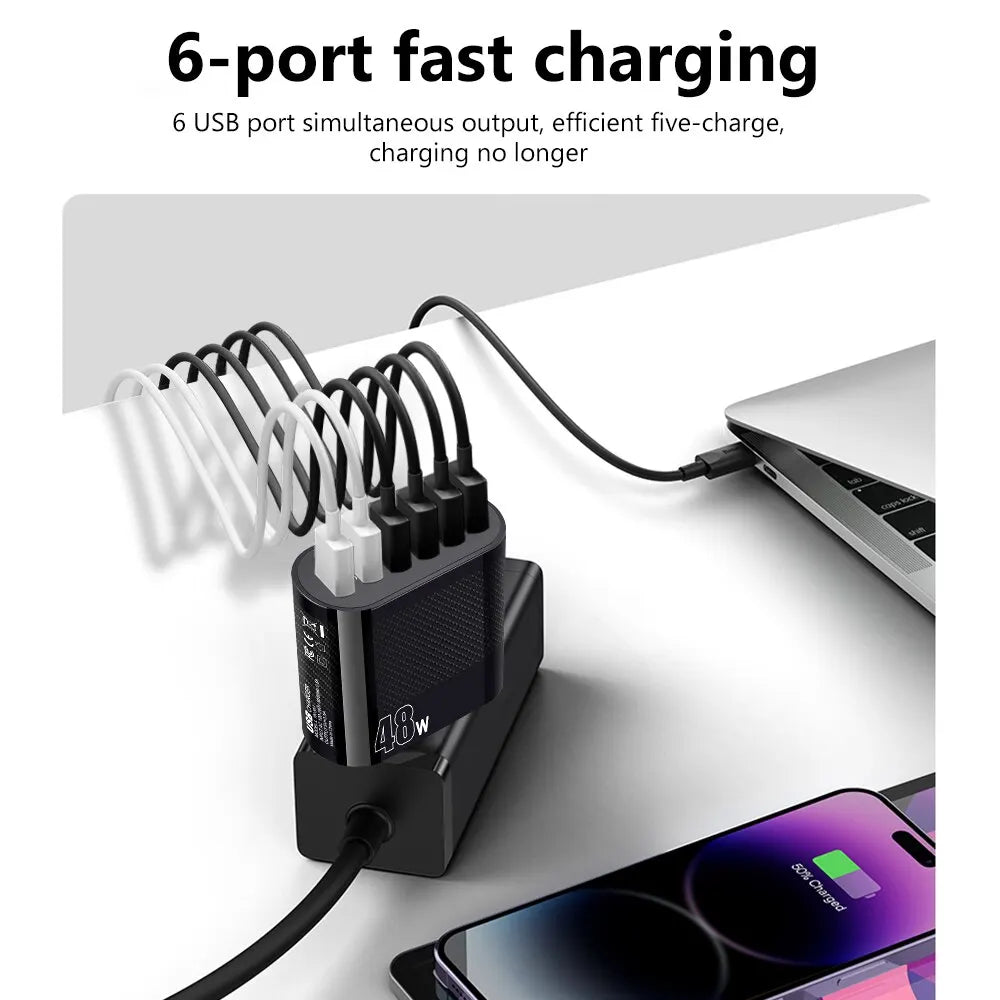 A 6-port 48W USB charger powers multiple devices, including a phone and a laptop, with organized cables. Text above reads "6-port fast charging" and explains efficient charging.