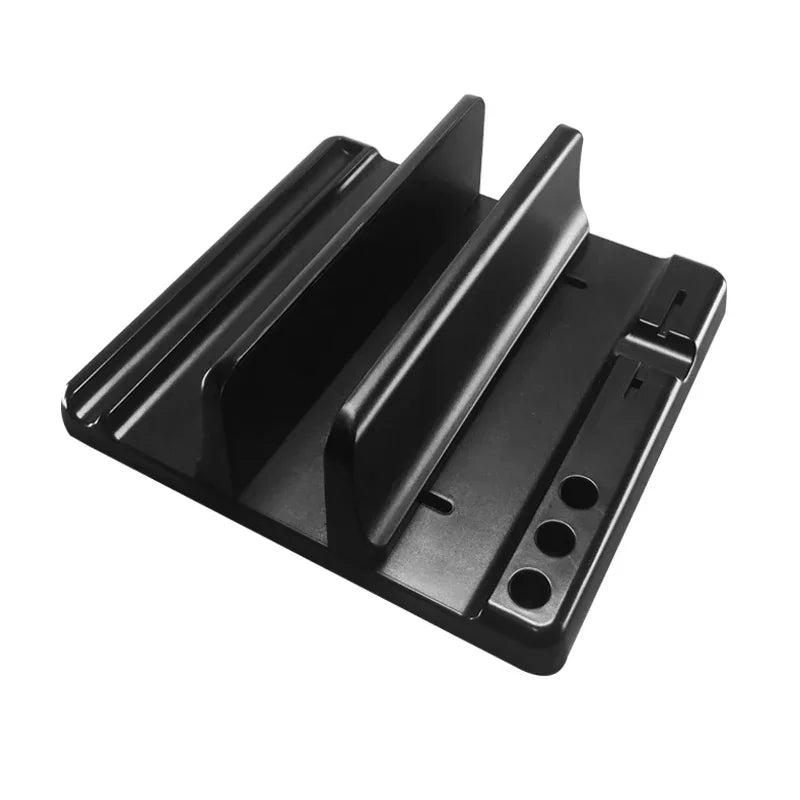 A black plastic stand with three slots for holding devices vertically and circular cutouts on one side. Ideal for organizing electronic gadgets or books efficiently.