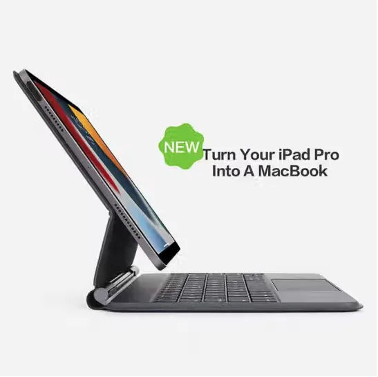Side view of an iPad Pro attached to a keyboard case, mimicking a laptop. Text reads: "NEW Turn Your iPad Pro Into A MacBook."