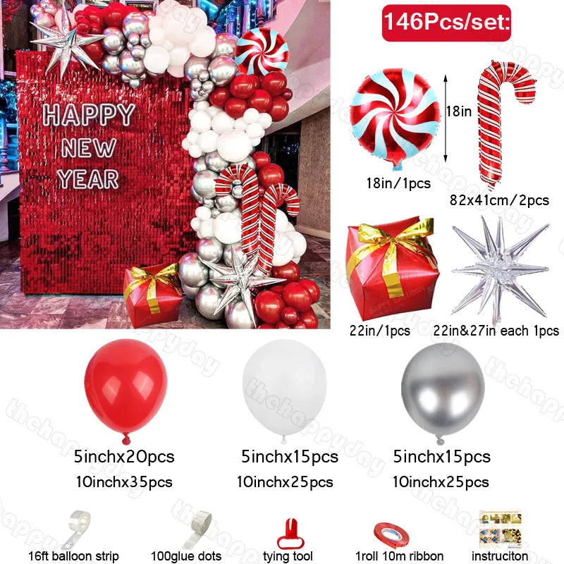 New Year’s decoration set with balloons in red, white, and silver, candy cane and peppermint swirl designs, star shapes, and a gift box. Includes 146 pieces and setup tools.