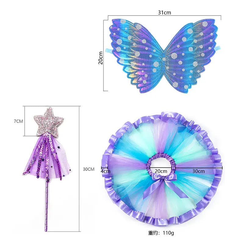 Children's costume set with blue and purple butterfly wings, a matching star wand, and a tutu skirt. Dimensions: wings 31x20cm, wand 7cm, tutu 20cm waist, 30cm length. Total weight: 110g.
