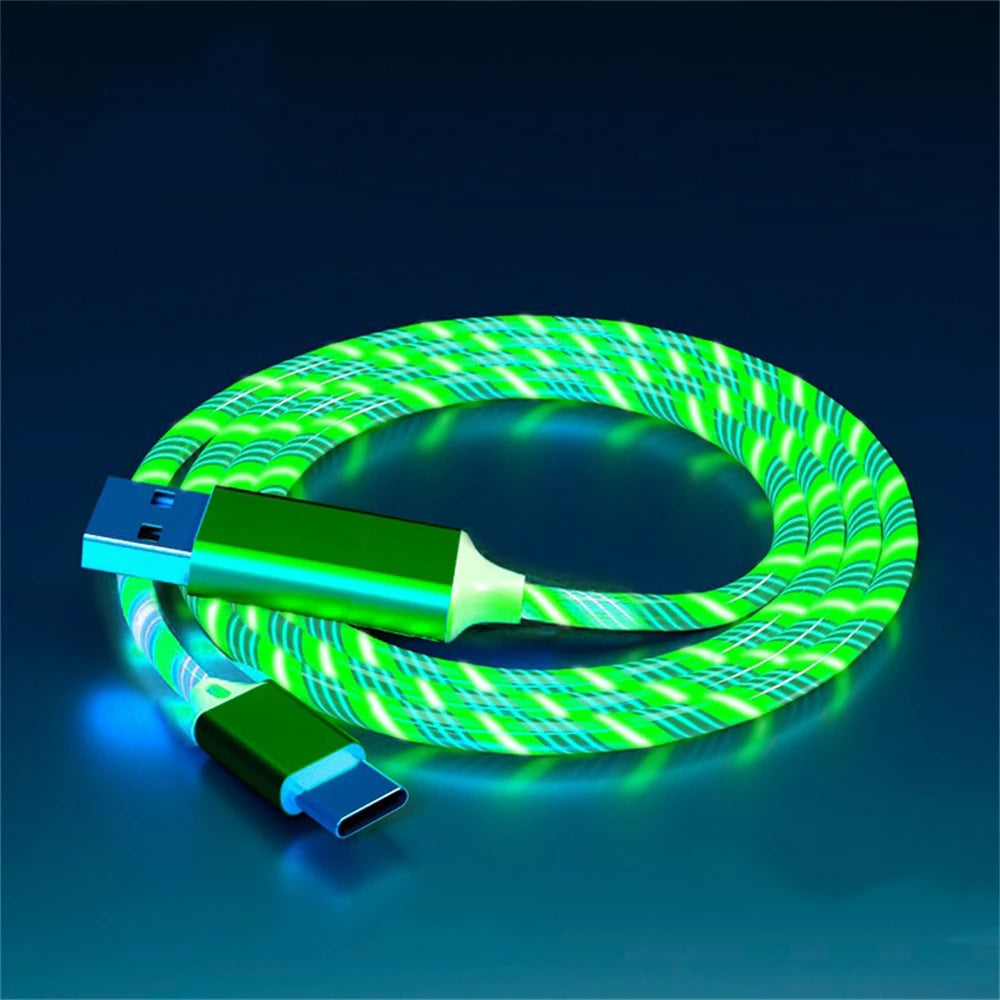 Glowing green USB cable with blue highlights, featuring USB-A and USB-C connectors. The cable emits a vibrant, luminescent pattern against a dark background.