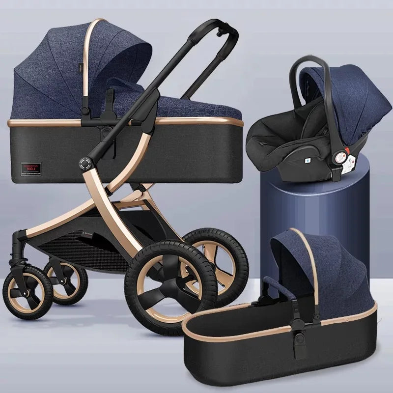 A versatile stroller set including a black and gold-frame baby carriage with a navy-blue canopy, detachable carrycot, and an infant car seat displayed on a pedestal.