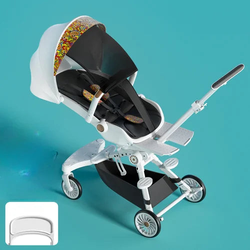 Modern white baby stroller with colorful canopy on a teal background. Features include a sunshade, reclining seat, storage basket, and ergonomic handle. Inset shows a close-up detail.
