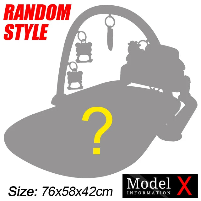 Silhouette of a baby play gym with dangling toys and a large question mark, labeled "Random Style." Dimensions: 76x58x42 cm. Text in top left and bottom right corners.