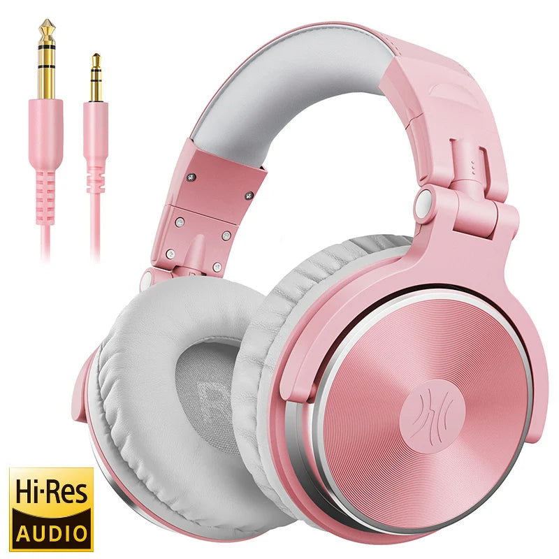 Pink over-ear headphones with cushioned ear pads and an adjustable headband. Includes pink audio cables with gold connectors. "Hi-Res Audio" label displayed at the bottom.