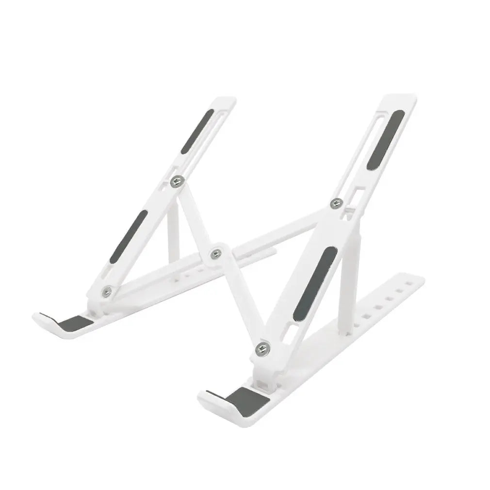 White adjustable laptop stand with black non-slip pads, featuring multiple hinges for height and angle adjustment. Made from lightweight materials for portability.