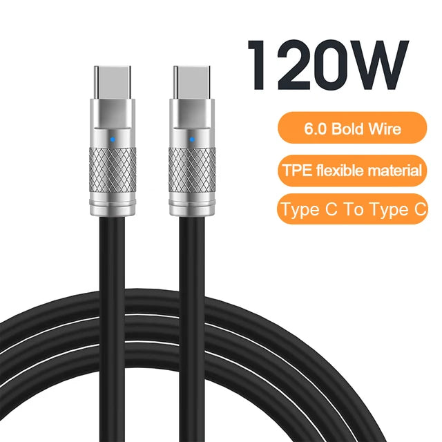 Two Type-C to Type-C cables with metallic connectors and black wires. Features include 120W power, 6.0 bold wire, and TPE flexible material.