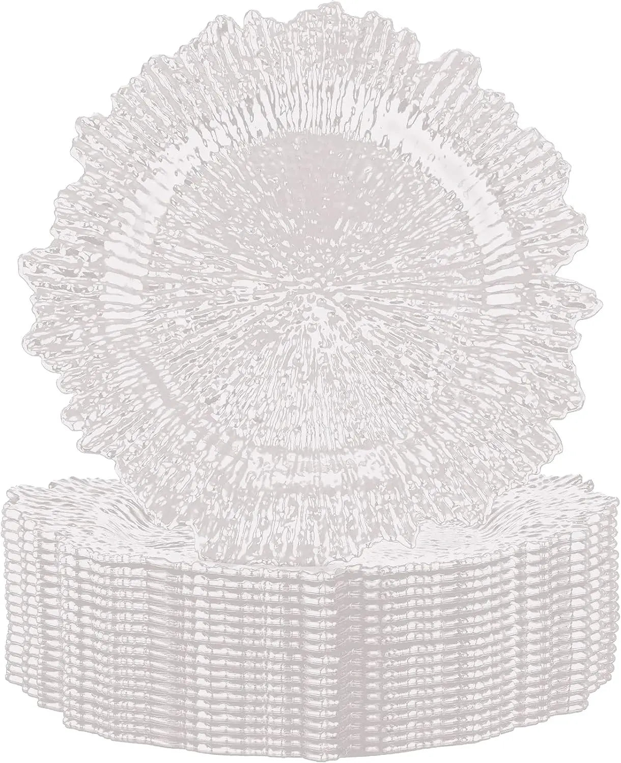 A stack of clear, ruffled-edge glass plates with a textured design, resembling coral or sea anemones, is shown against a white background.