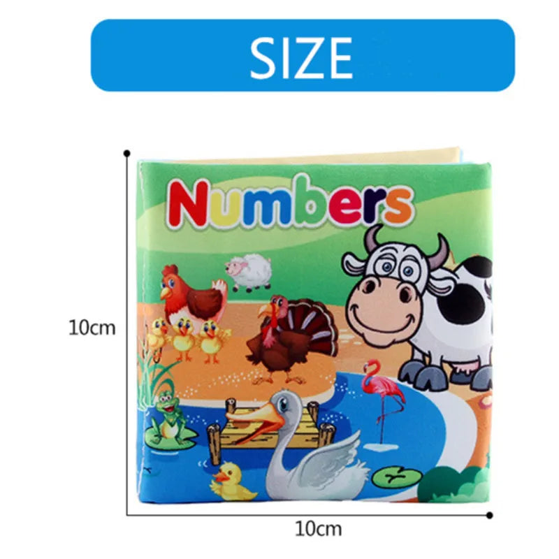 Cover of a children's book titled "Numbers" featuring colorful farm animals like a cow, sheep, chickens, and a duck by a pond. The book measures 10cm by 10cm.