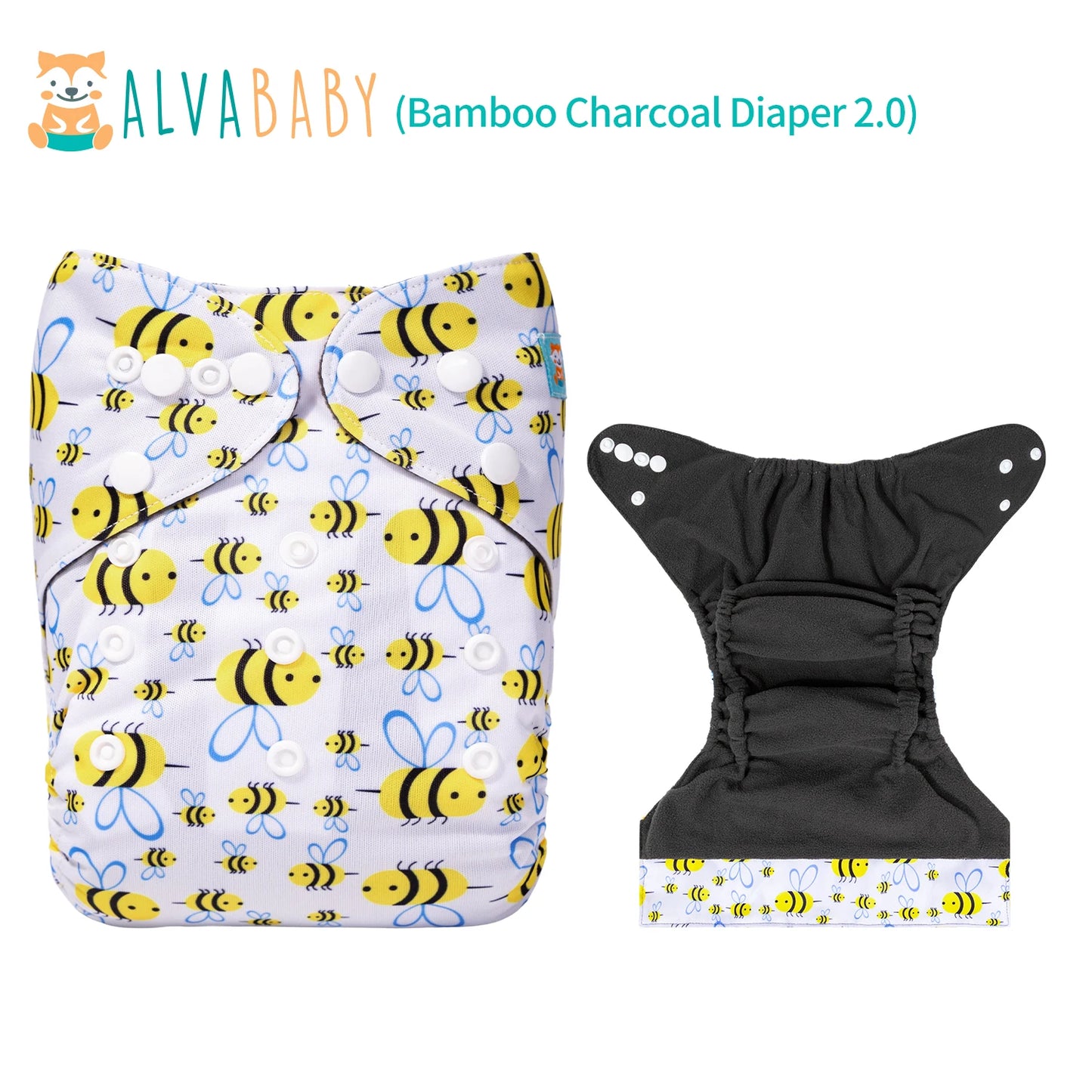 Cloth diaper with a cute bee pattern on a white background. Features adjustable snaps and a dark gray interior. Brand name "ALVABABY" above the diaper.