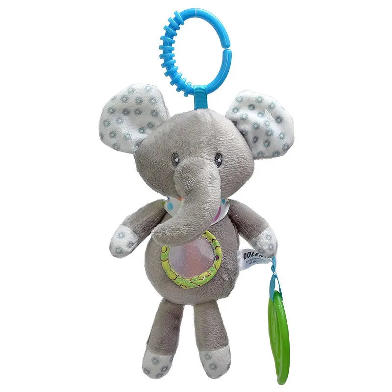 Plush elephant toy with polka dot ears, a blue hanging ring, and a mirror on its belly. The toy includes a green teether attached to its side.