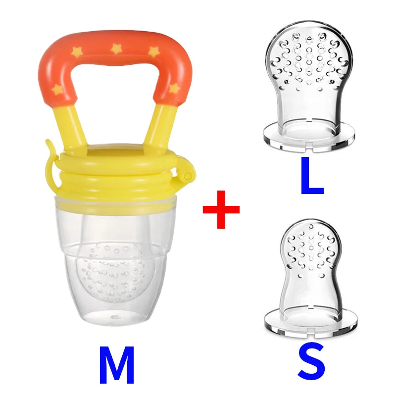 Baby food feeder with a red and yellow handle, accompanied by two interchangeable silicone nipples, sizes labeled 'L' and 'S'. The main feeder is marked with 'M'.