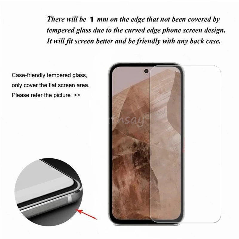 Tempered glass screen protector illustration for a smartphone, highlighting 1mm edge gap for case compatibility, with text explaining its fit and coverage limitations.