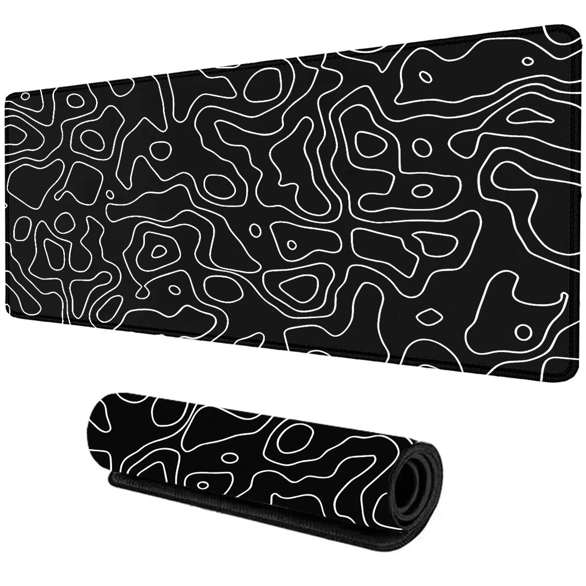 Black gaming mouse pad featuring an abstract white topographic pattern. The image shows a flat view and a rolled-up view of the pad.