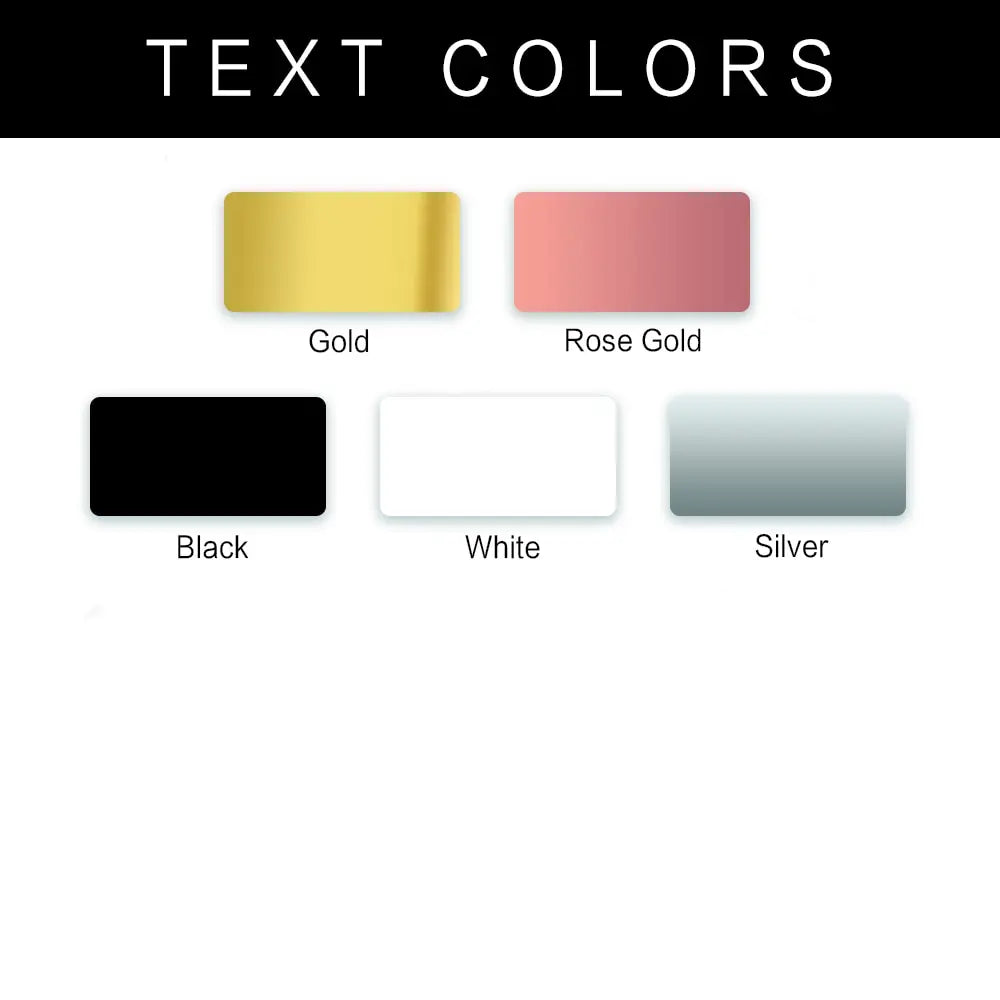 Text Colors: Rectangles labeled Gold, Rose Gold, Black, White, and Silver, each displaying the specified color, set against a plain background with bold text at the top.