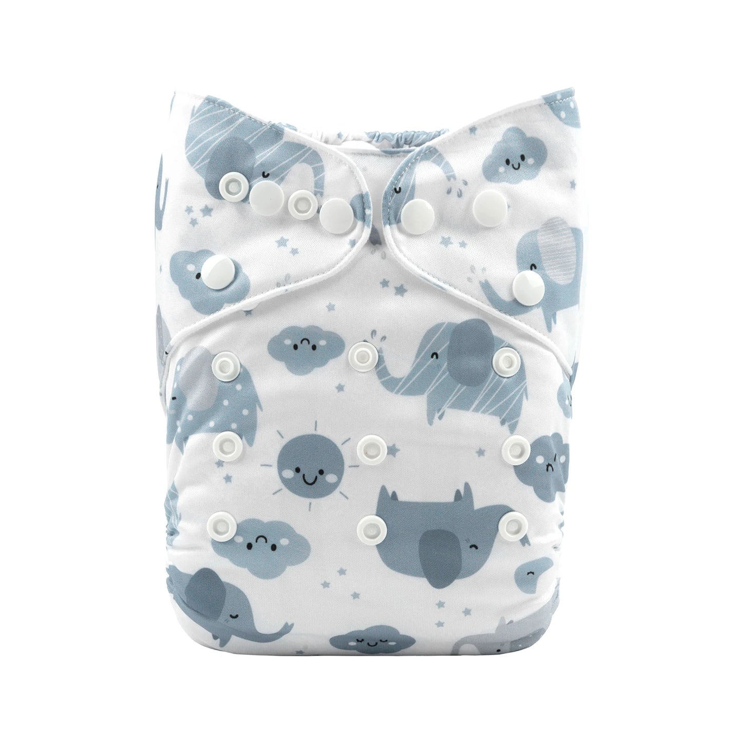White cloth diaper with gray snaps, adorned with cute blue prints of elephants, smiling clouds, suns, and stars on a white background.