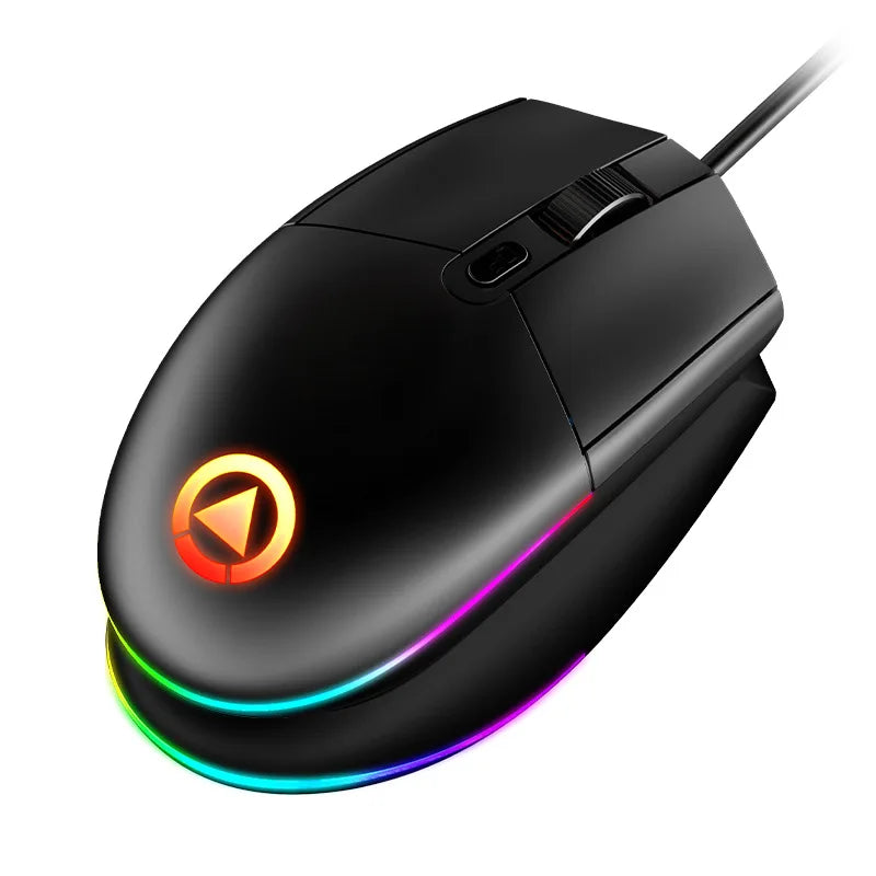 Black gaming mouse with RGB lighting accents and a glowing logo. Features a scroll wheel and an ergonomic design, connected by a cord.