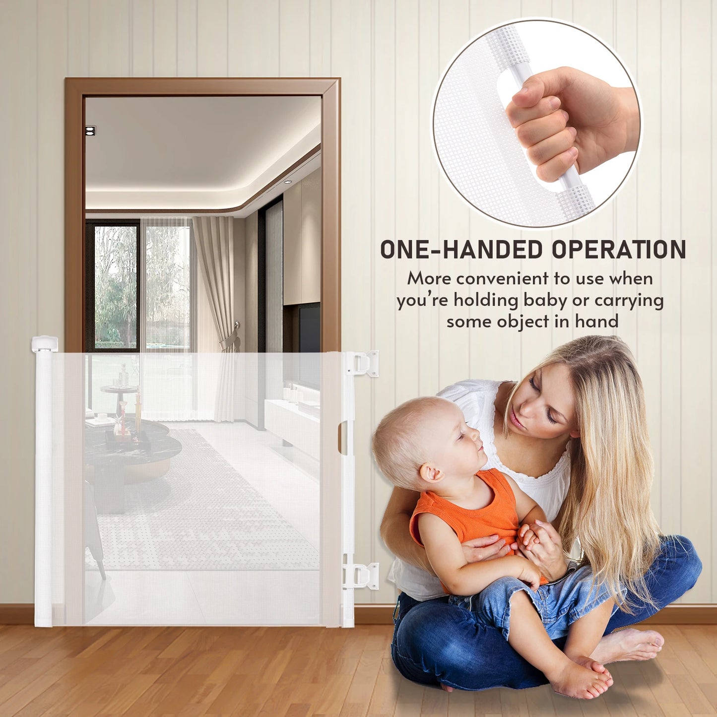 Retractable baby gate in a doorway, woman holding baby nearby. Inset shows hand using the gate with text highlighting one-handed operation for convenience.
