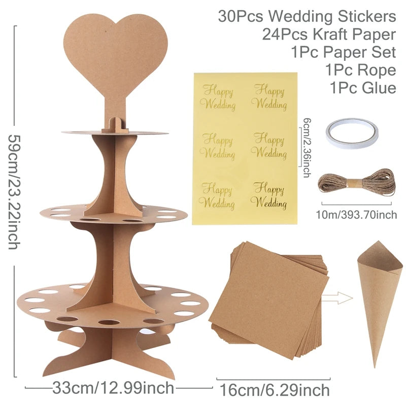 Cardboard cupcake stand with heart topper, wedding stickers, kraft paper, rope, and glue. Dimensions: 59cm tall, 33cm wide. Includes paper folding instructions.