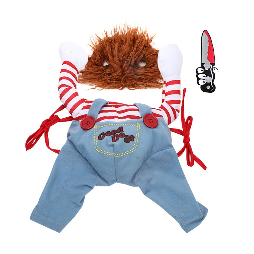 Pet costume with striped shirt, blue overalls labeled "Good Dog," and attached arms holding a plush knife. Includes a furry wig with two eye holes.