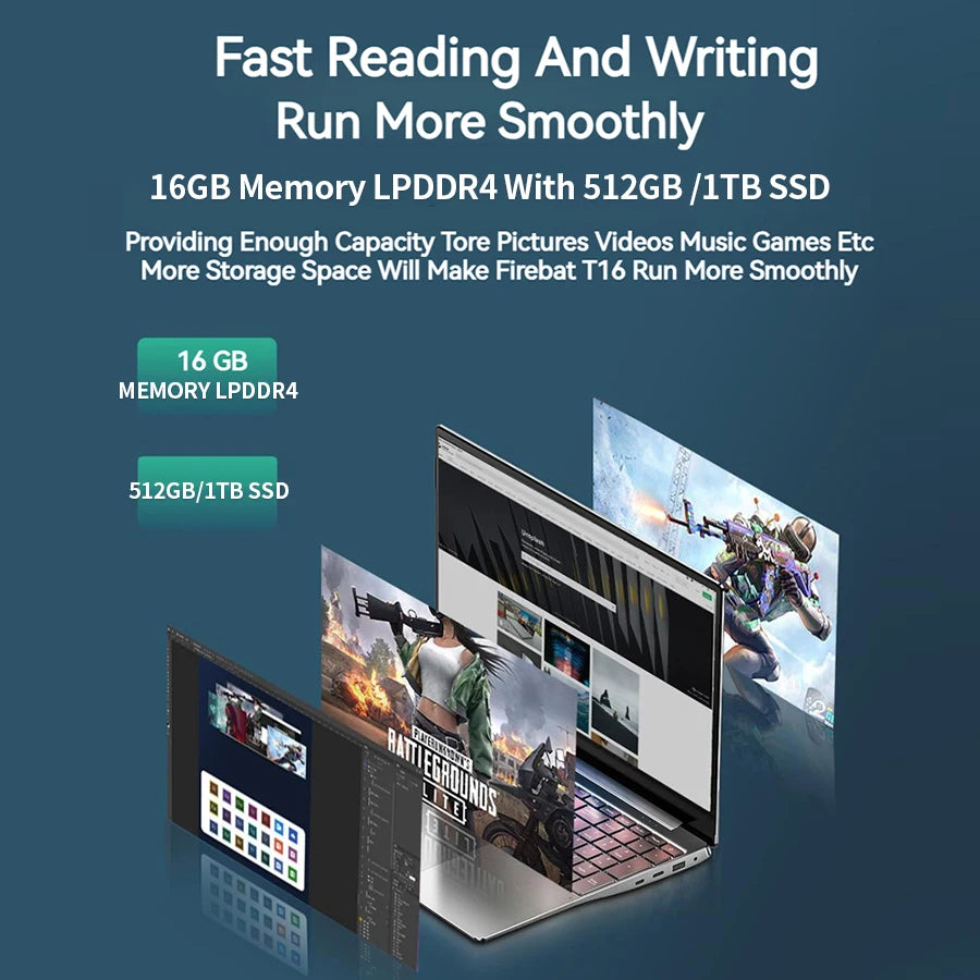 Laptop showcasing its capabilities for fast reading and writing with 16GB LPDDR4 memory and 512GB/1TB SSD, running multiple applications smoothly, including games and design software.