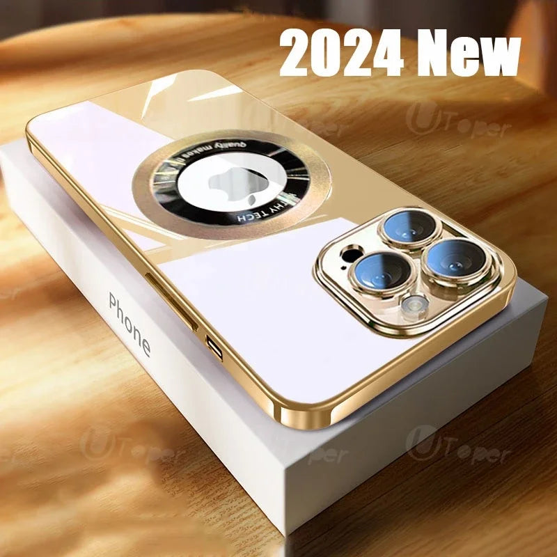 Gold smartphone with triple camera lenses and reflective back, marked "2024 New," resting on a white box labeled "Phone" on a wooden surface.