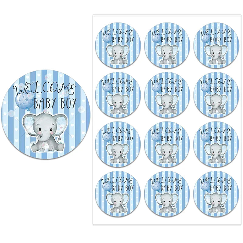 Blue and white striped stickers featuring a cute elephant and the text "Welcome Baby Boy." Includes a full sheet of twelve stickers, designed for baby shower decorations.
