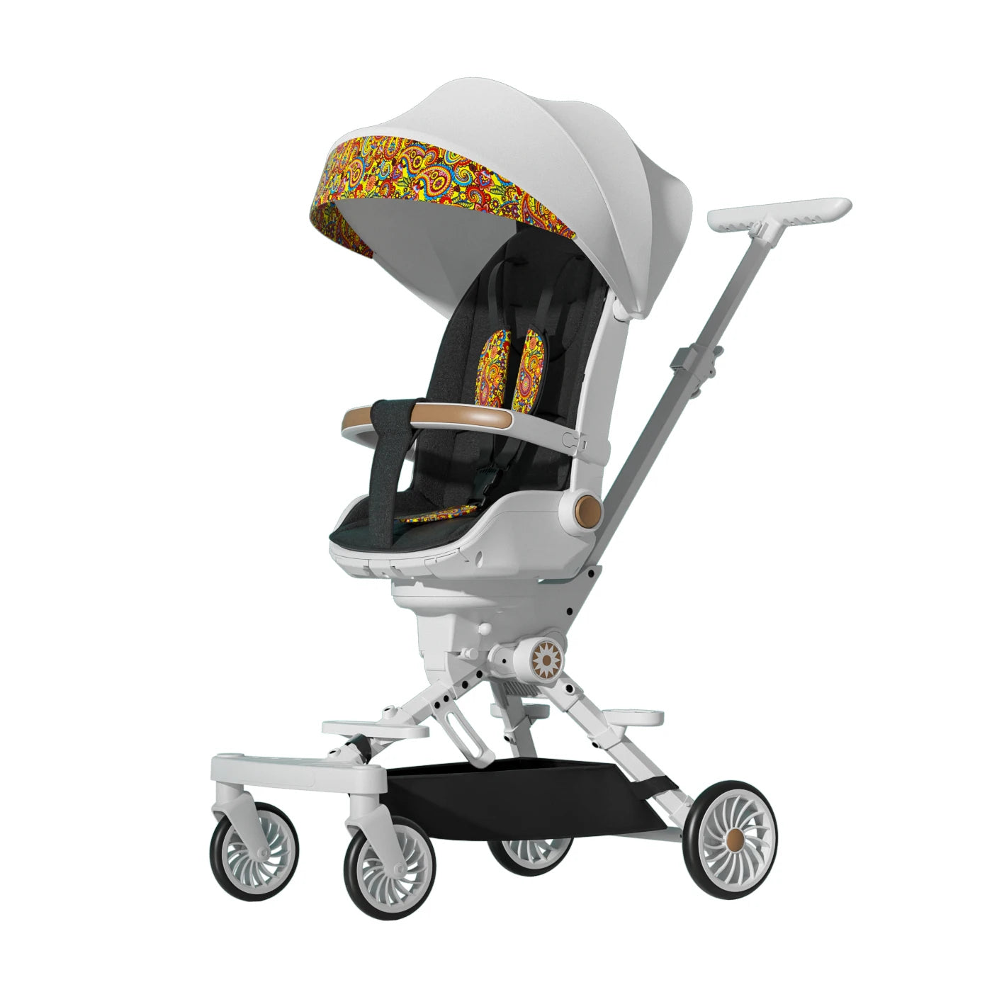 Modern white baby stroller with a colorful canopy and seat linings. It features a sleek frame, adjustable handlebar, and four wheels for easy maneuvering.