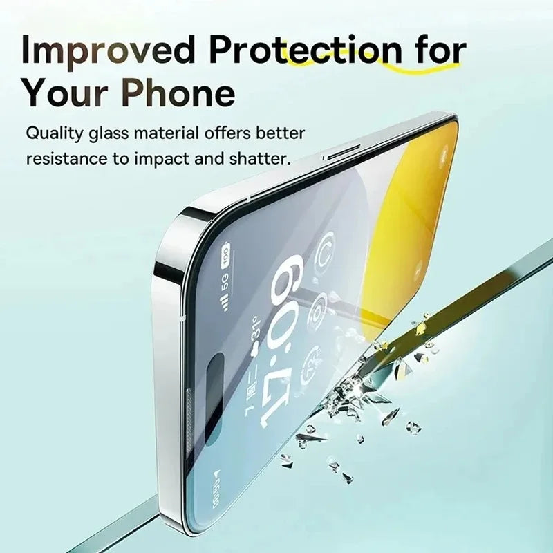 Smartphone with a shatterproof screen protector, highlighting durability with shattered glass effect. Text reads: "Improved Protection for Your Phone."