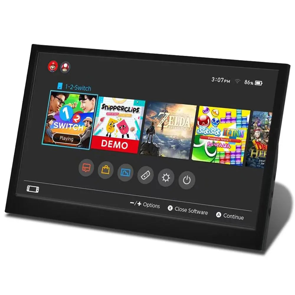 Nintendo Switch screen showing game icons for 1-2-Switch, Snipperclips, Zelda, and others. The time is 3:07 PM, and the battery is at 86%.
