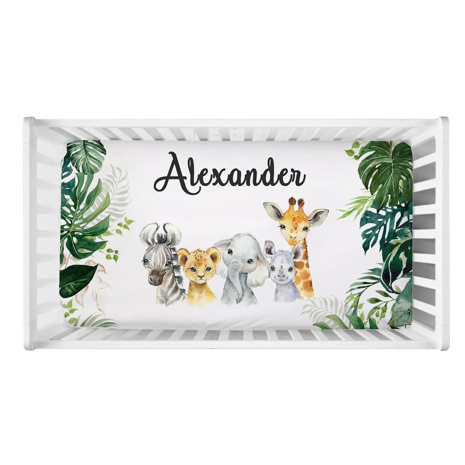 Crib sheet featuring watercolor jungle animals and lush green leaves, with the name "Alexander" in stylish black script centered at the top.