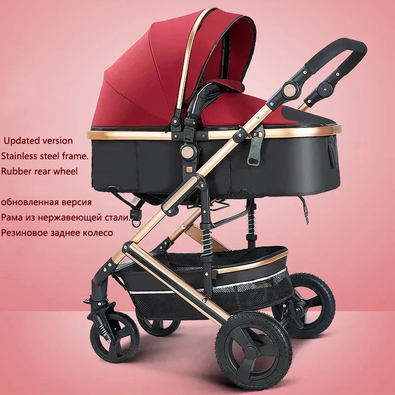 Red stroller with black accents on a stainless steel frame, featuring rubber rear wheels. Text highlights its updated design, steel frame, and rubber wheels. Pink background.