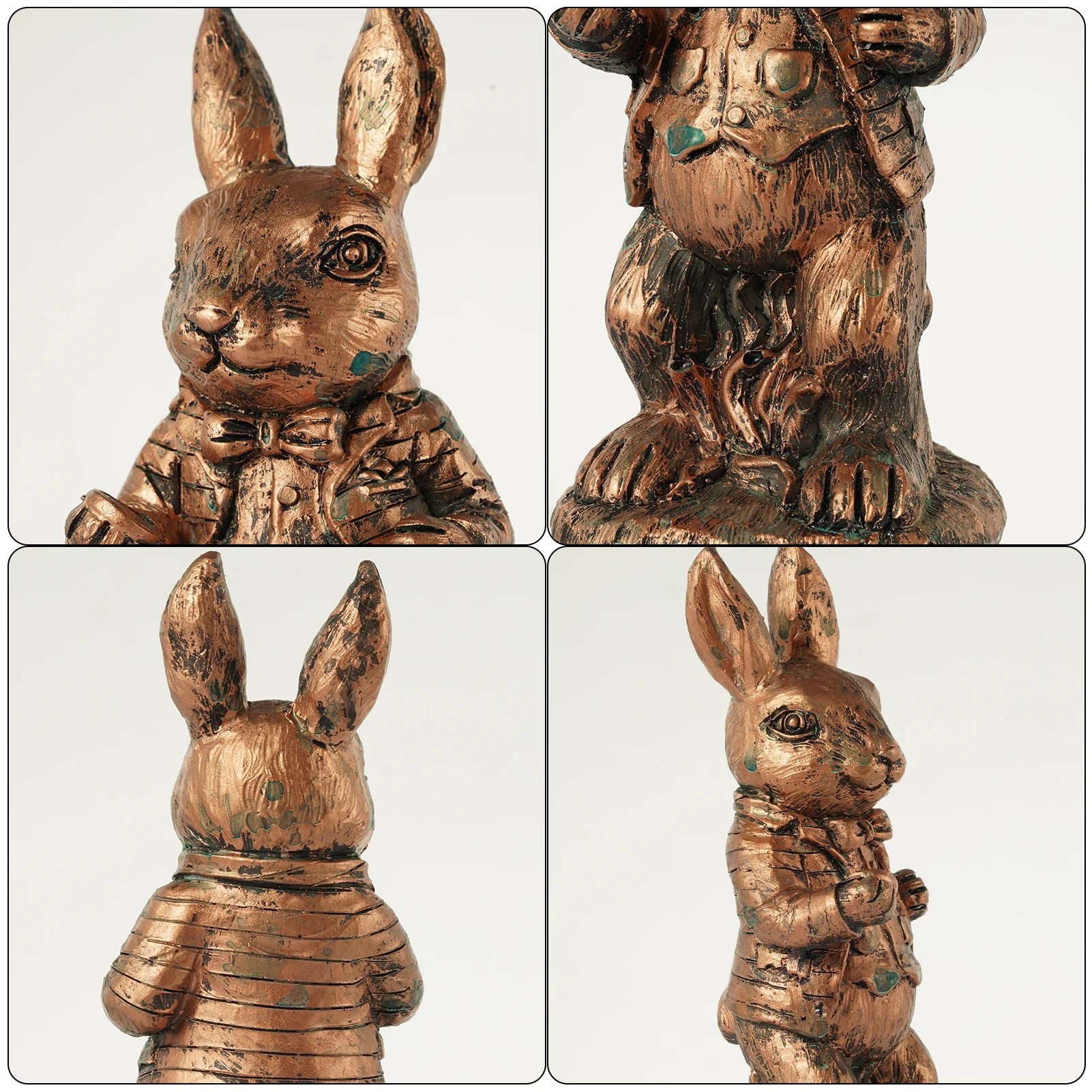 A vintage-style bronze rabbit figurine shown from multiple angles, wearing a detailed suit with a bow tie, standing upright on its hind legs, displaying intricate textures.
