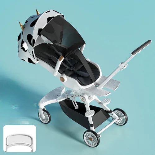 A modern stroller with a cow-print design, featuring a protective canopy, a comfortable seat, and sleek white frame. The stroller has a spacious black storage basket underneath.