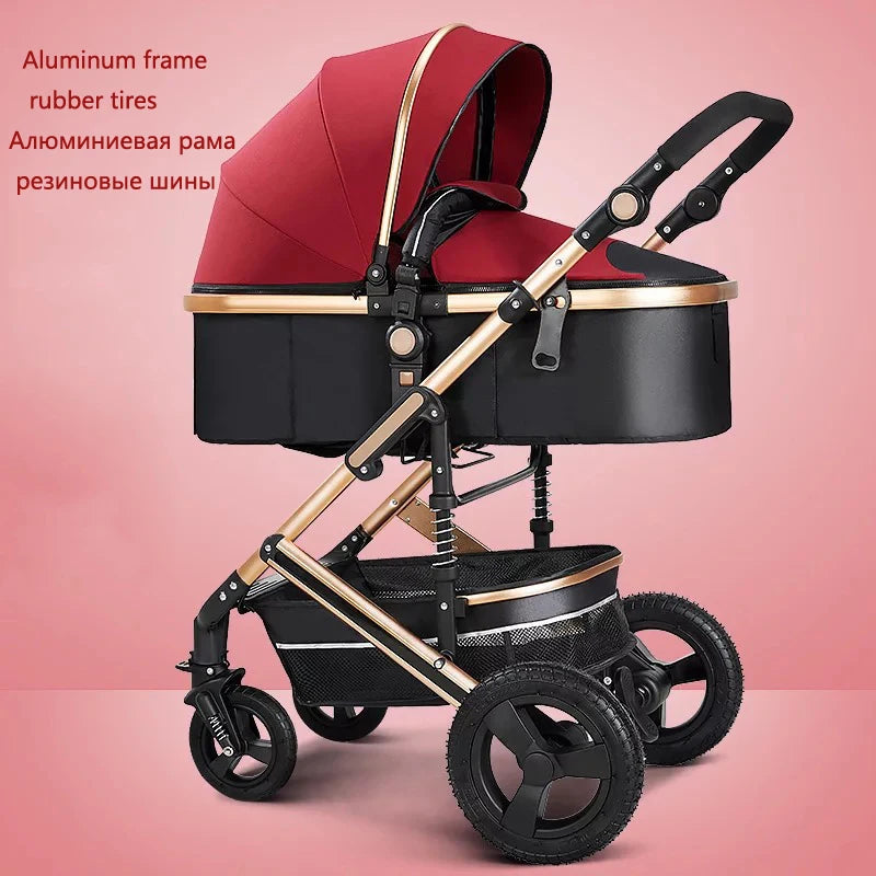 Red and black baby stroller with an aluminum frame and rubber tires, set against a pink background. Text on the side highlights "aluminum frame" and "rubber tires" in English and Russian.