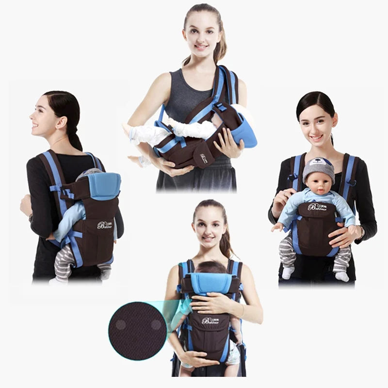 Collage of caregivers demonstrating a multifunctional baby carrier in various positions: facing outward, inward, back-carry, and cradle. Close-up of fabric texture included.