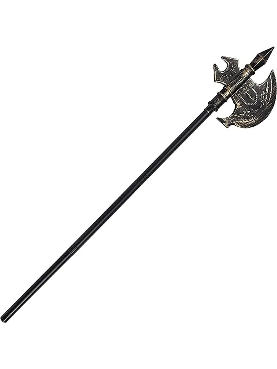 A medieval-style black polearm with an ornate, gold-decorated double axe head and a pointed spear tip on top.