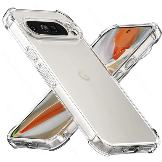 Transparent, shockproof phone cases on Google Pixel phones, showcasing the front and back designs. Cases highlight camera cutouts and button covers in a sleek, protective design.
