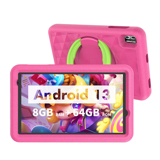 Pink tablet with a colorful game display, featuring "Android 13" and "8GB RAM + 64GB ROM" text. The back has a green handle and dual camera, set against a pink casing.