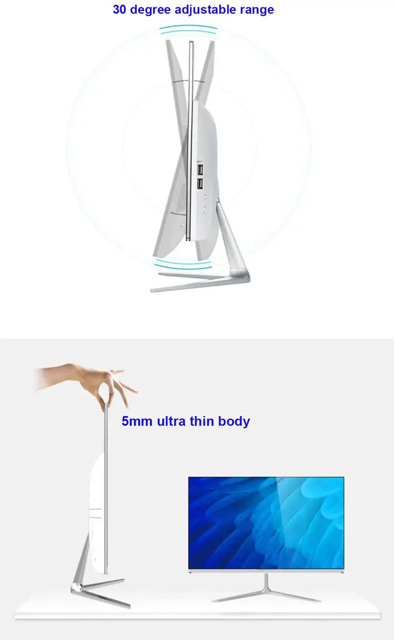 Ultra-thin monitor with a 5mm body, featuring a 30-degree adjustable range. The display showcases a blue screen, emphasized by a hand holding it from the side.